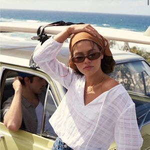 Rhythm Kiara 100% Cotton Long Sleeve White Textured V-Neck Blouse